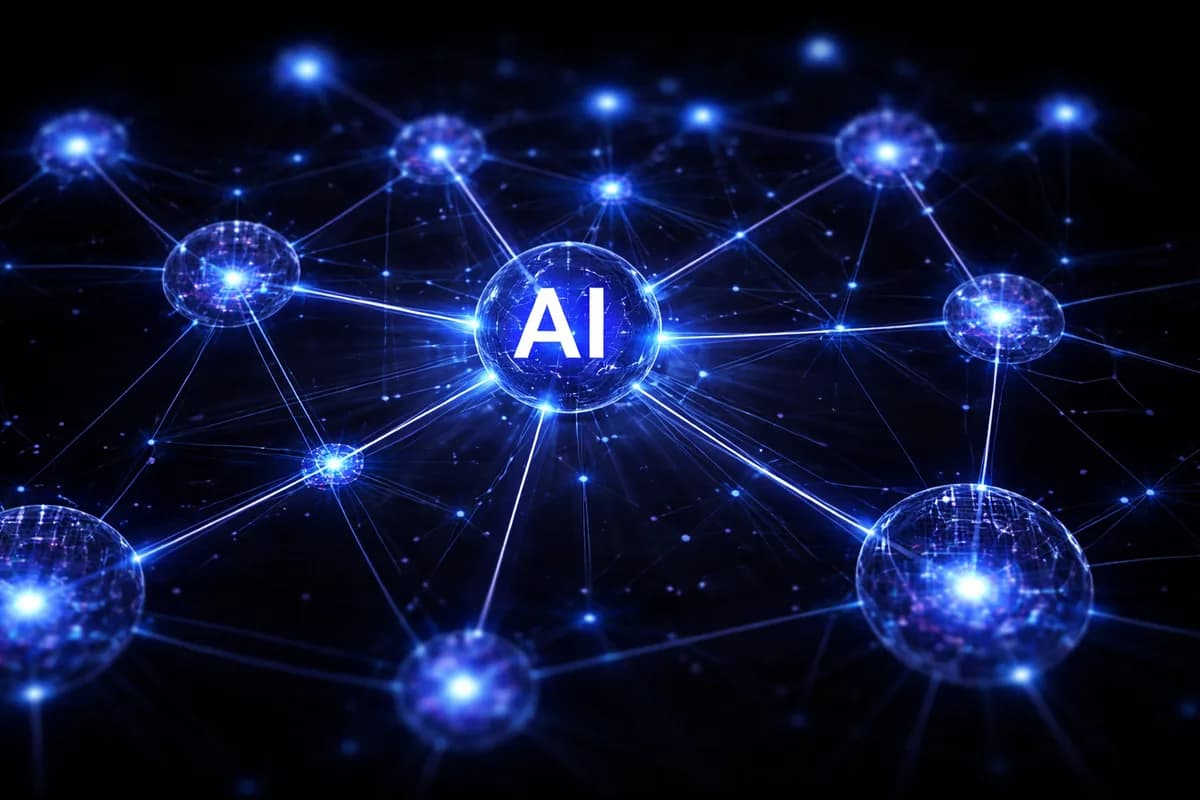 Abstract network of interconnected AI agent nodes with glowing blue connections