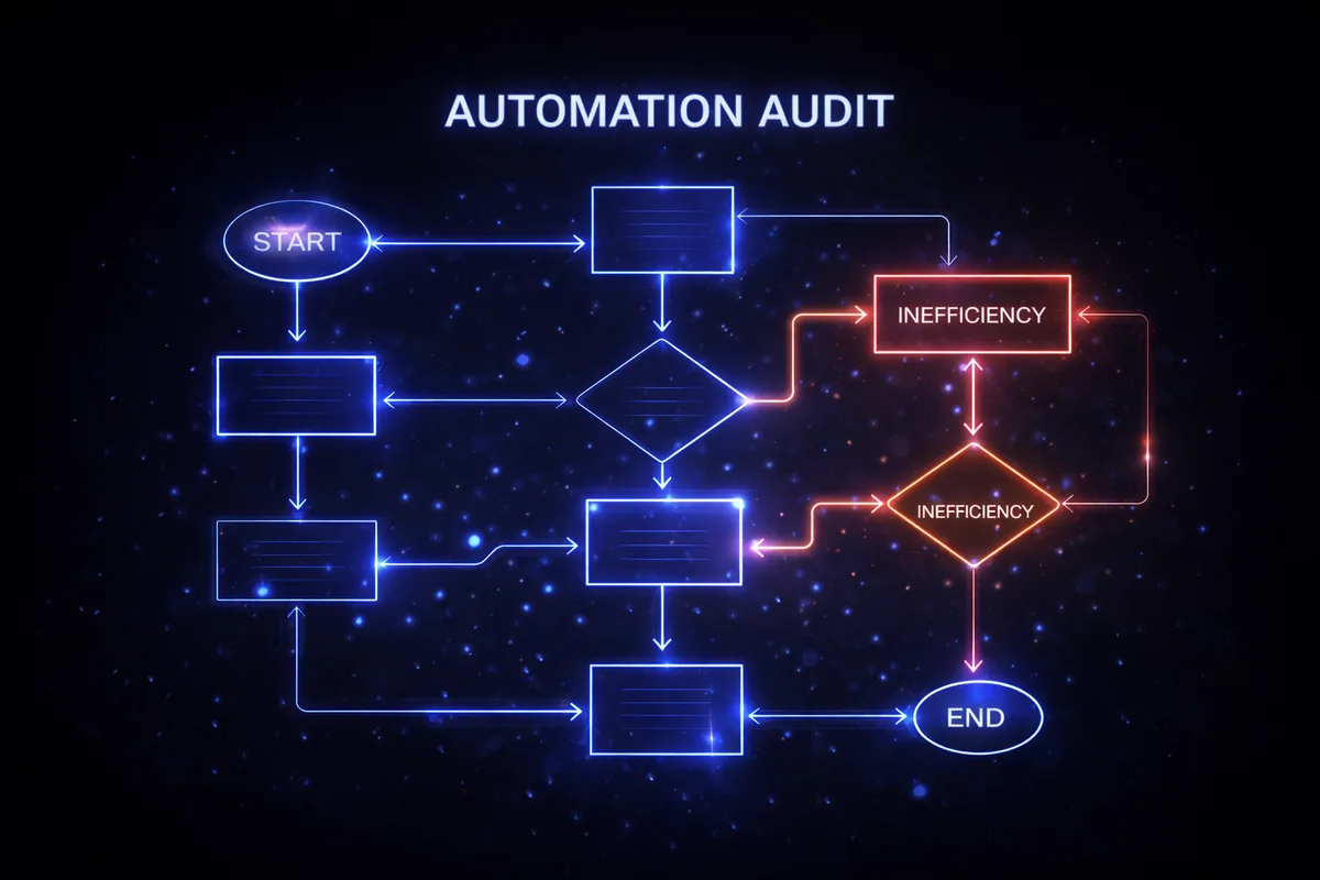 Flowchart diagram with highlighted inefficiency nodes for automation audit