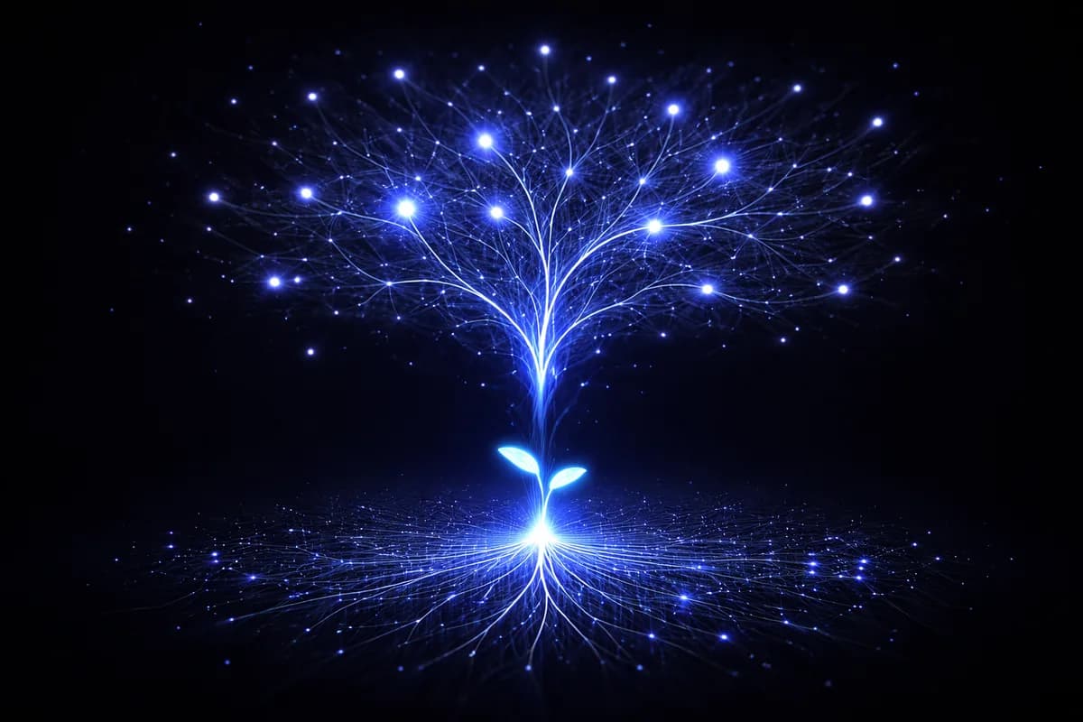 Glowing tree growing from a small seed representing incremental digital transformation