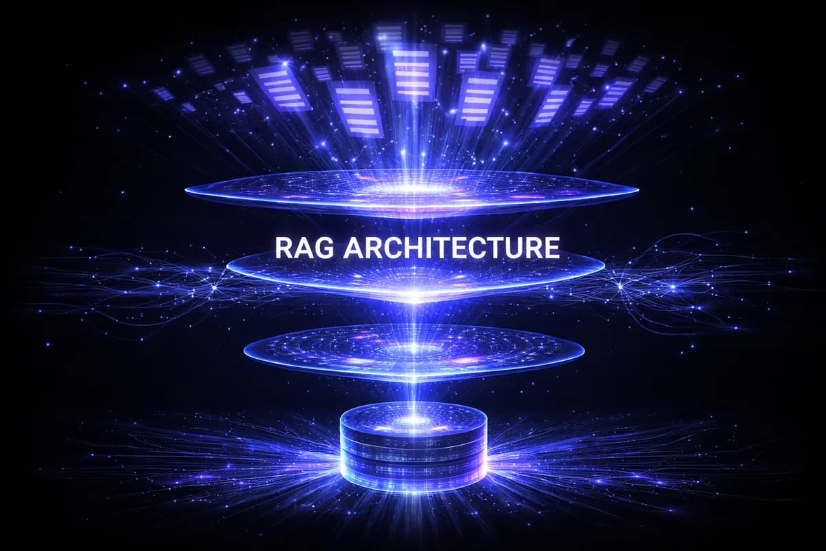 Layered data pipeline visualization representing RAG retrieval architecture