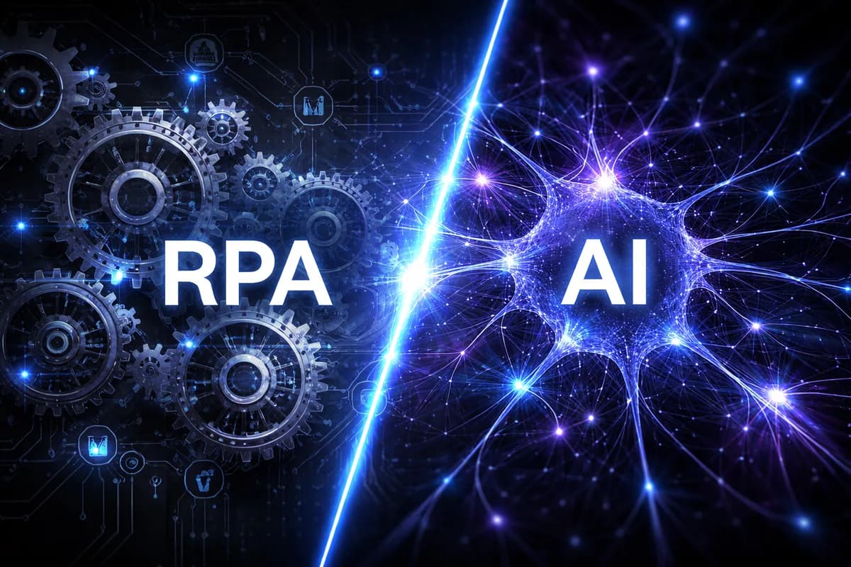 Split visual comparing RPA mechanical gears with AI neural network
