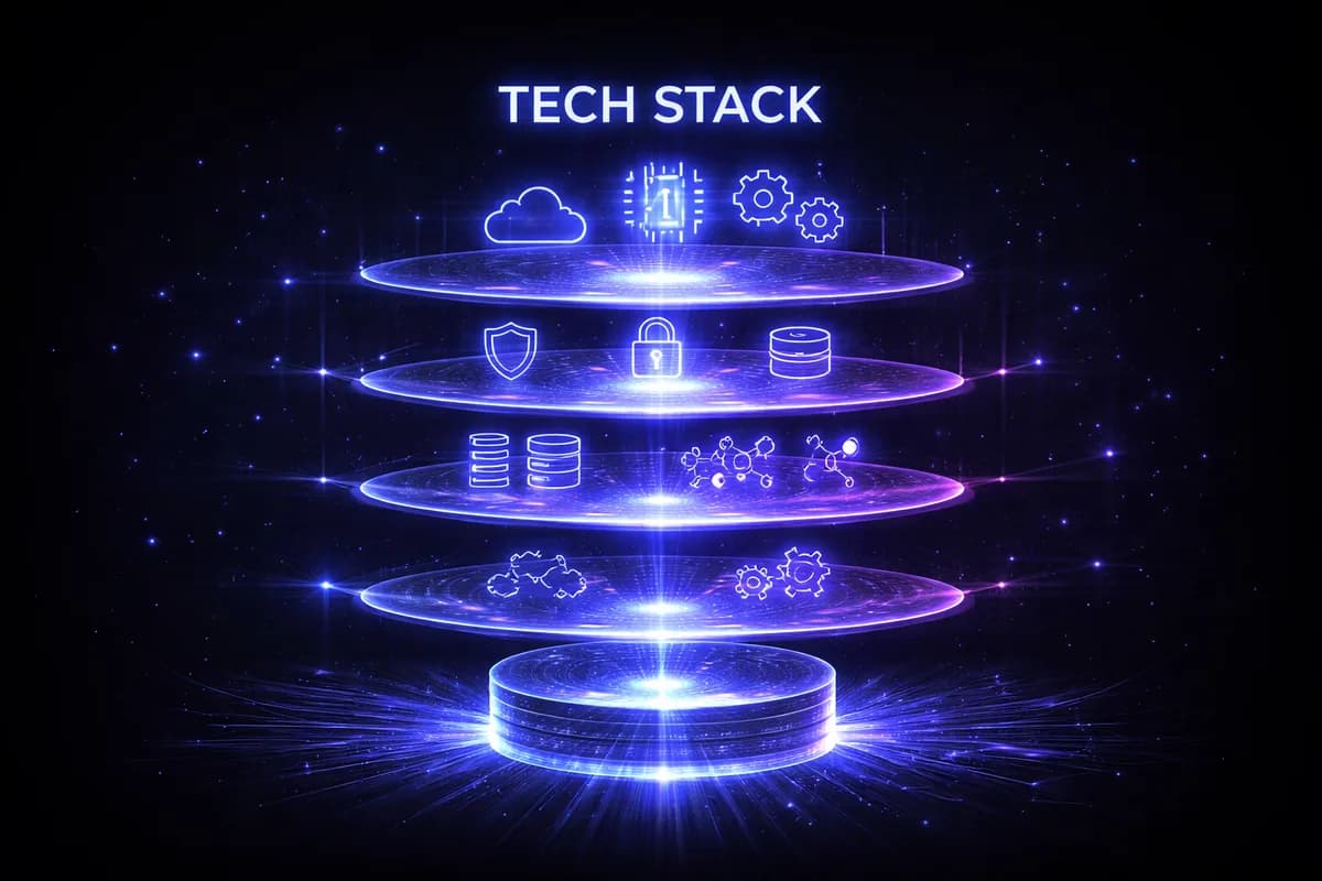 Stacked technology layers visualization with cloud, database, and security icons